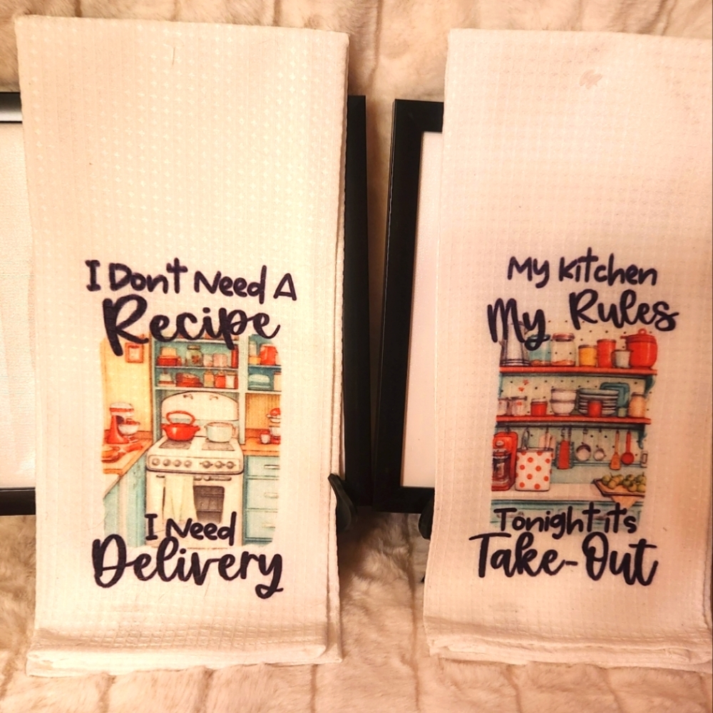 Decorative Kitchen Towels - White with Colorful Print.  Hand Crafted